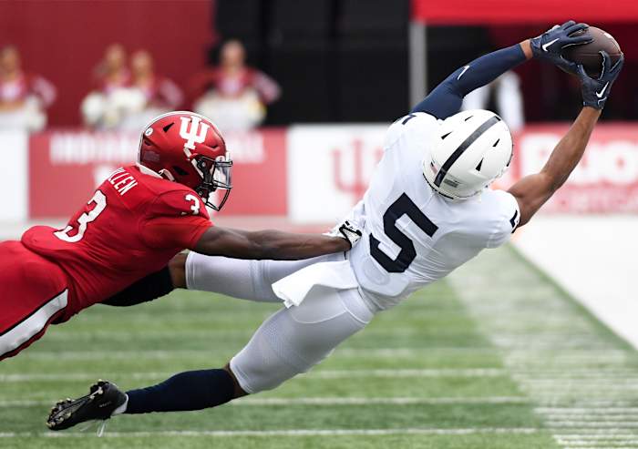 Penn State receiver Mitchell Tinsley makes a catch against Indiana during the 2022 Big Ten season.